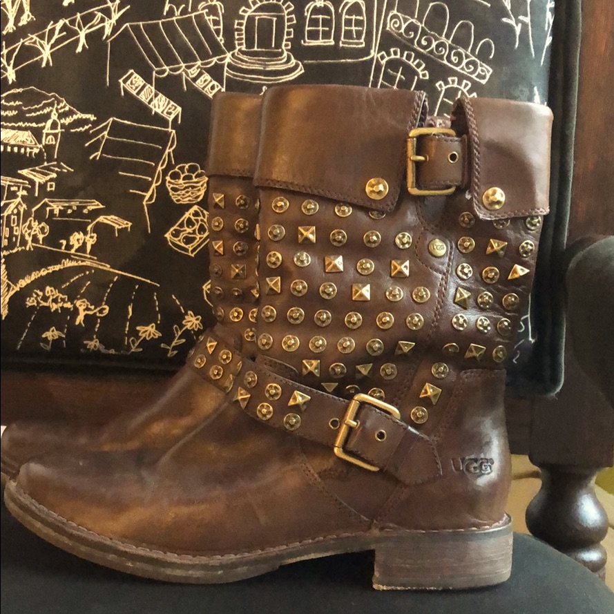 Ugg Brown Boots Gold Stud Leather With Shearling Warm Footbed Size Eur 38 Us 7.5